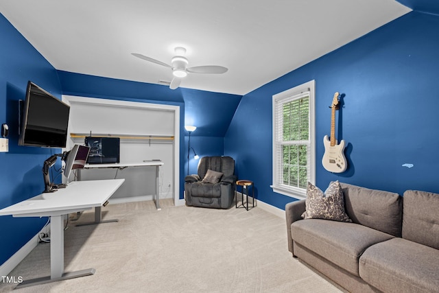 1501 Chatsworth Ln, Raleigh, NC 27614 - carpeted office space featuring a ceiling fan, baseboards, and lofted ceiling