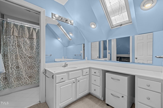 1501 Chatsworth Ln, Raleigh, NC 27614 - full bathroom featuring vanity, a shower with curtain, and vaulted ceiling