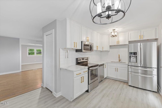 2752 Weldon Ter, Durham, NC 27703 - kitchen featuring stainless steel appliances, a sink, a chandelier, light wood-style floors, and decorative backsplash