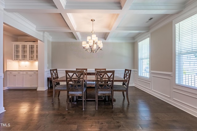 367 Tayside St, Clayton, NC 27520 - dining area featuring a chandelier, beam ceiling, coffered ceiling, dark wood finished floors, and a wainscoted wall
