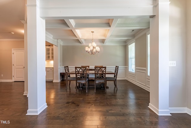367 Tayside St, Clayton, NC 27520 - dining area with dark wood-style flooring, beamed ceiling, a chandelier, ornamental molding, and coffered ceiling