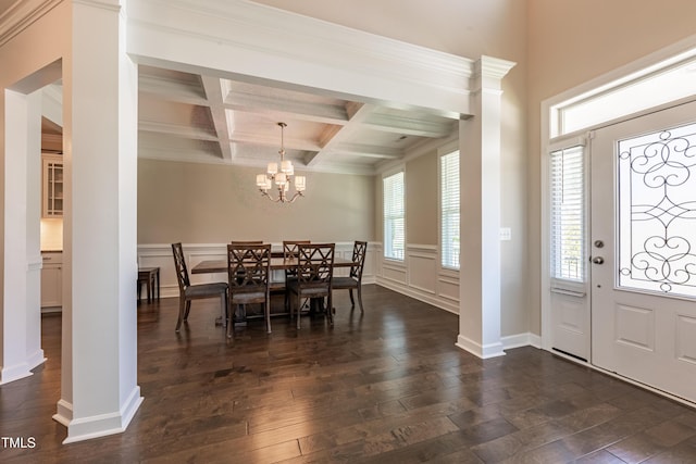 367 Tayside St, Clayton, NC 27520 - entrance foyer featuring dark wood-style flooring, coffered ceiling, beamed ceiling, a chandelier, and healthy amount of natural light