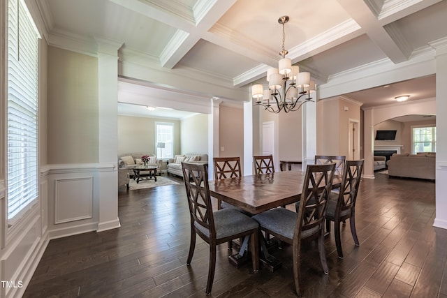 367 Tayside St, Clayton, NC 27520 - dining room with coffered ceiling, ornamental molding, beam ceiling, dark wood-type flooring, and arched walkways