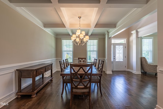367 Tayside St, Clayton, NC 27520 - dining area with a chandelier, dark wood-style floors, beamed ceiling, coffered ceiling, and wainscoting