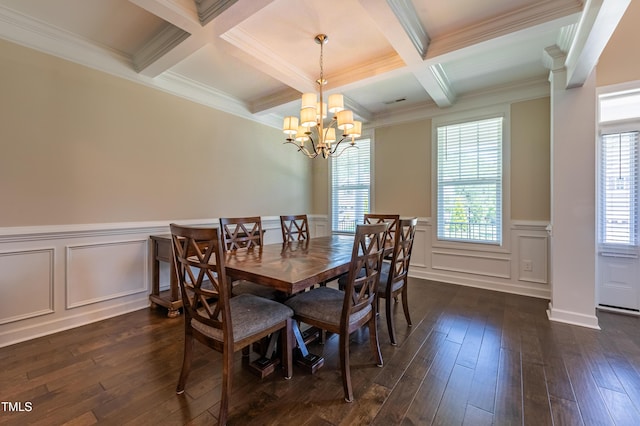 367 Tayside St, Clayton, NC 27520 - dining room with coffered ceiling, beamed ceiling, healthy amount of natural light, a chandelier, and crown molding