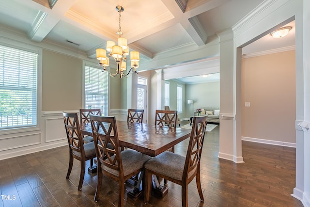 367 Tayside St, Clayton, NC 27520 - dining area featuring ornate columns, plenty of natural light, coffered ceiling, dark wood finished floors, and crown molding