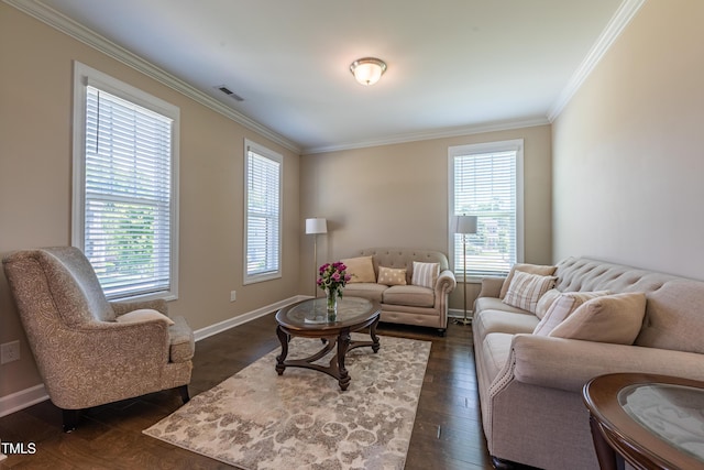 367 Tayside St, Clayton, NC 27520 - living room featuring crown molding, dark wood-type flooring, and baseboards