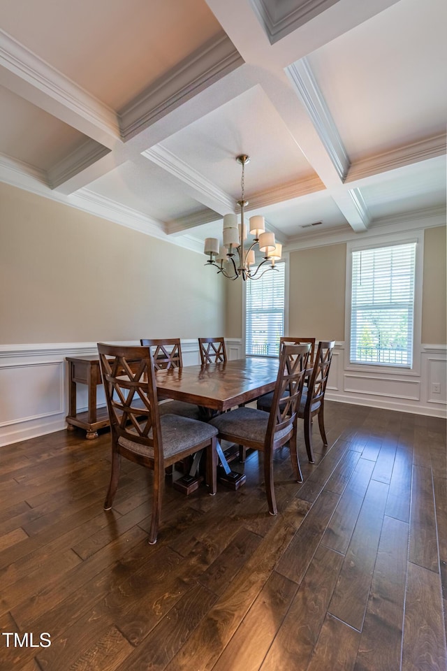 367 Tayside St, Clayton, NC 27520 - dining area featuring coffered ceiling, beam ceiling, dark wood-style flooring, a decorative wall, and a chandelier