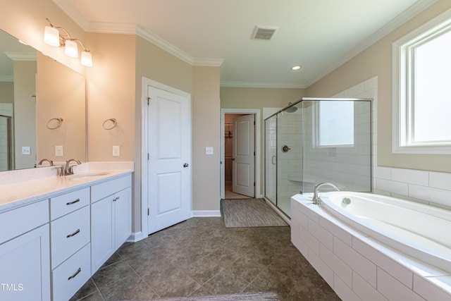 367 Tayside St, Clayton, NC 27520 - full bath featuring vanity, a shower stall, a bath, ornamental molding, and tile patterned flooring