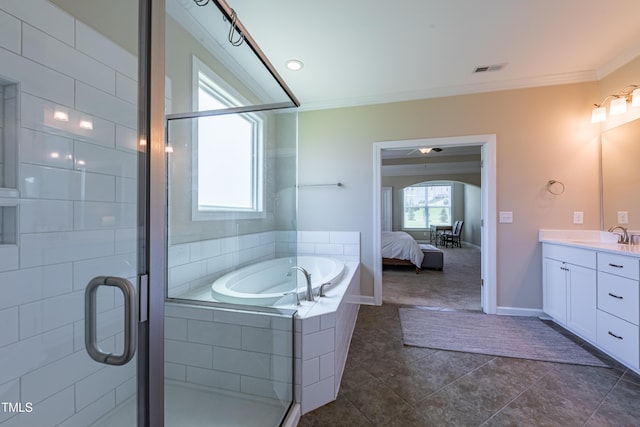 367 Tayside St, Clayton, NC 27520 - ensuite bathroom featuring vanity, a garden tub, ornamental molding, tile patterned flooring, and a shower stall