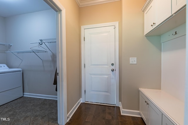 367 Tayside St, Clayton, NC 27520 - laundry area featuring washer / clothes dryer, baseboards, cabinet space, dark wood-style flooring, and crown molding