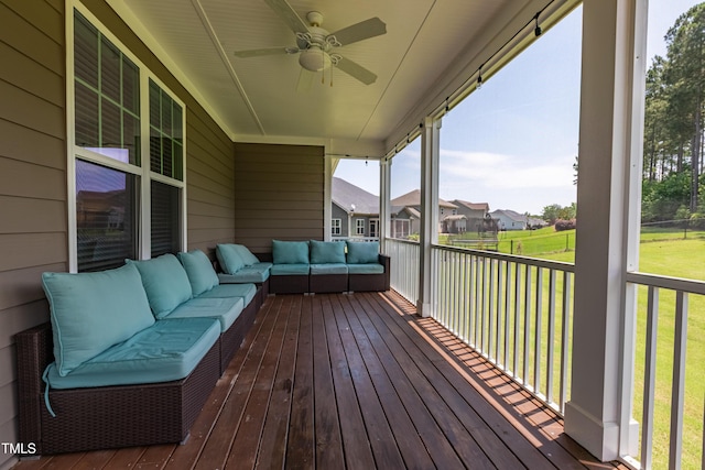 367 Tayside St, Clayton, NC 27520 - deck featuring an outdoor hangout area, ceiling fan, a lawn, and a residential view