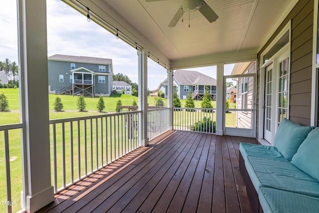 367 Tayside St, Clayton, NC 27520 - wooden terrace with a residential view, a ceiling fan, and a lawn