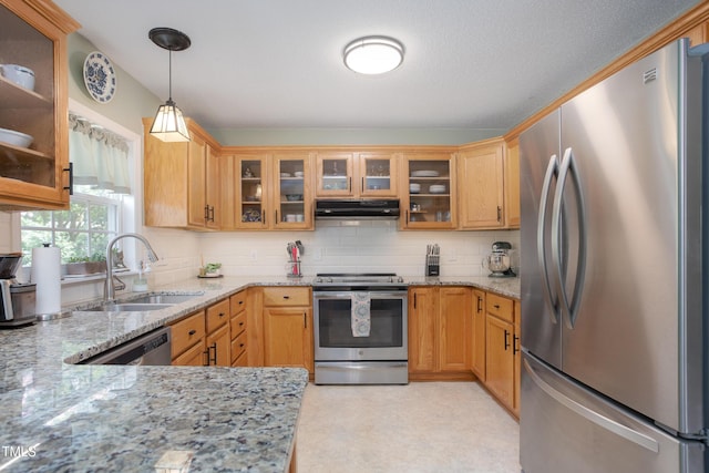 1113 Pilton Pl, Raleigh, NC 27604 - kitchen featuring stainless steel appliances, under cabinet range hood, a sink, and light stone countertops