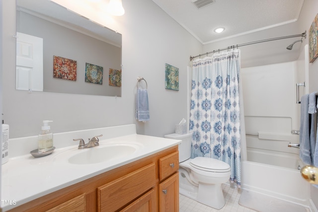 1113 Pilton Pl, Raleigh, NC 27604 - bathroom featuring vanity, toilet, shower / bath combination with curtain, ornamental molding, and tile patterned flooring