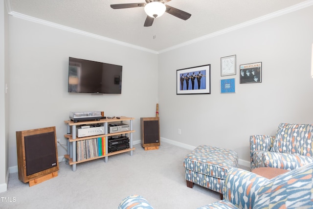 1113 Pilton Pl, Raleigh, NC 27604 - carpeted living room with ornamental molding, ceiling fan, baseboards, and a textured ceiling