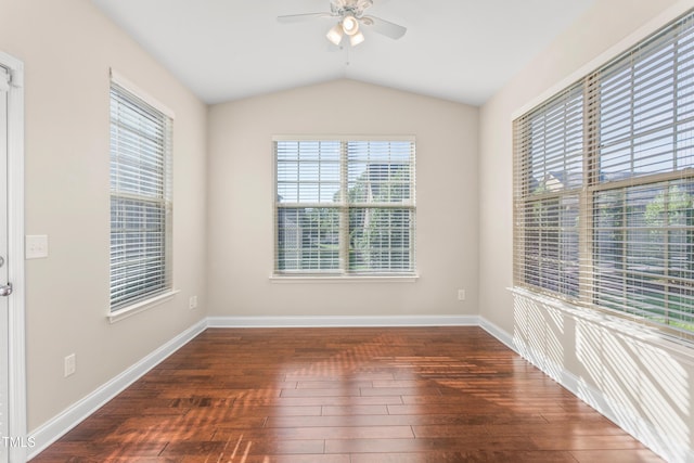 4110 Argyle Trl, Burlington, NC 27215 - empty room featuring ceiling fan, hardwood / wood-style floors, lofted ceiling, and baseboards