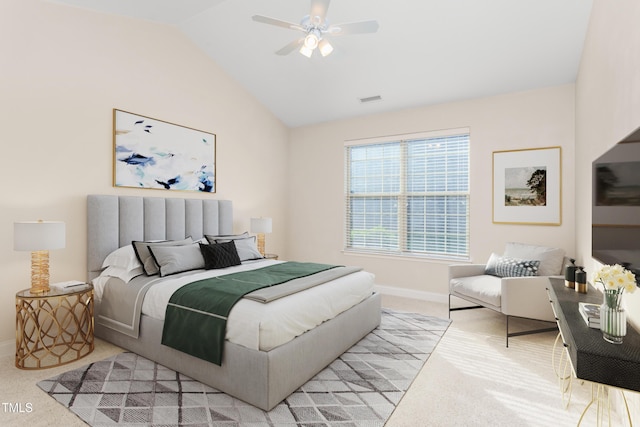 4110 Argyle Trl, Burlington, NC 27215 - bedroom featuring light colored carpet, baseboards, vaulted ceiling, and a ceiling fan