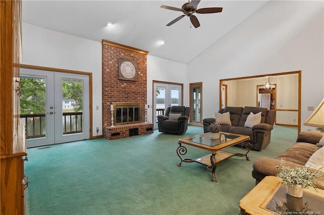 38 E Lndg, Sanford, NC 27332 - living area featuring french doors, carpet floors, a ceiling fan, high vaulted ceiling, and a fireplace