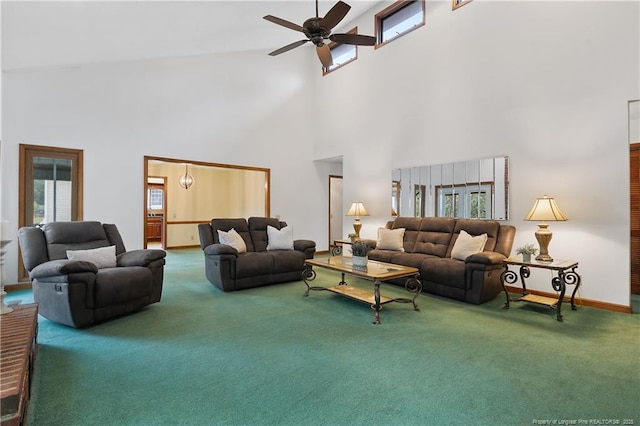 38 E Lndg, Sanford, NC 27332 - living area featuring a high ceiling, carpet, a ceiling fan, and baseboards