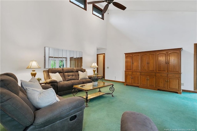 38 E Lndg, Sanford, NC 27332 - living room with a high ceiling, a ceiling fan, carpet, and baseboards