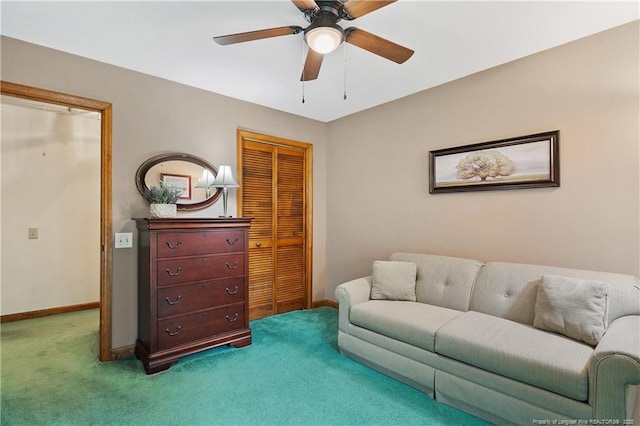 38 E Lndg, Sanford, NC 27332 - living room featuring carpet floors, ceiling fan, and baseboards