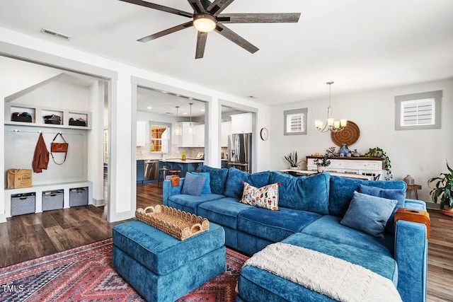 290 Quarter Gate Trce, Chapel Hill, NC 27516 - living room featuring wood finished floors, a ceiling fan, and a chandelier