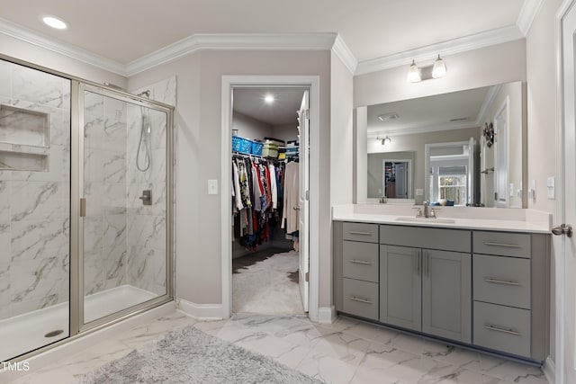 629 Newlyn Dr, Raleigh, NC 27606 - bathroom featuring baseboards, a marble finish shower, vanity, marble finish floors, and a walk in closet