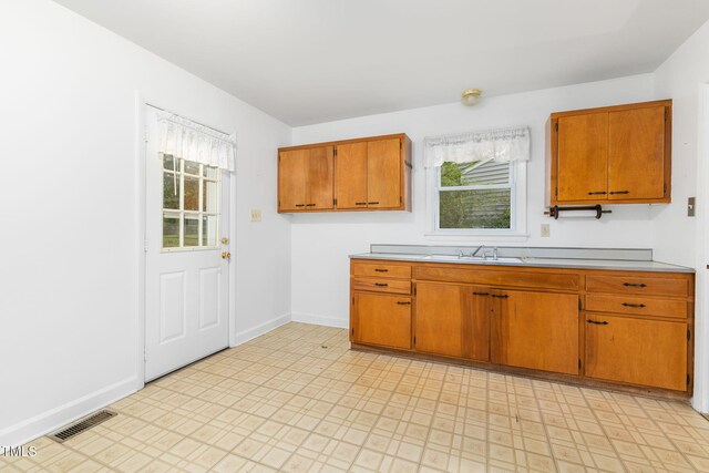 2015 Walnut St, Durham, NC 27705 - kitchen featuring a sink, healthy amount of natural light, light countertops, and brown cabinetry