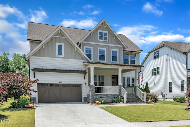 1716 Arberdour Dr, Apex, NC 27502 - craftsman inspired home featuring a porch, board and batten siding, a shingled roof, a garage, and a front lawn