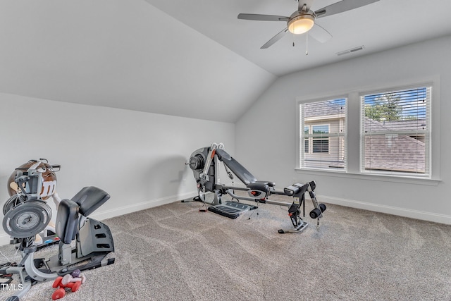 1716 Arberdour Dr, Apex, NC 27502 - workout area featuring baseboards, lofted ceiling, a ceiling fan, and carpet flooring
