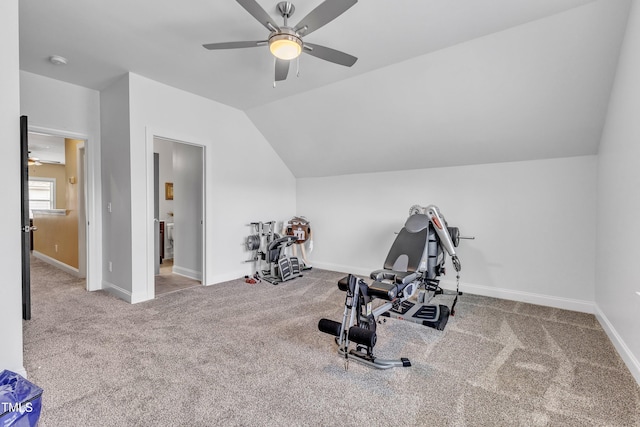 1716 Arberdour Dr, Apex, NC 27502 - workout area with ceiling fan, lofted ceiling, baseboards, and carpet