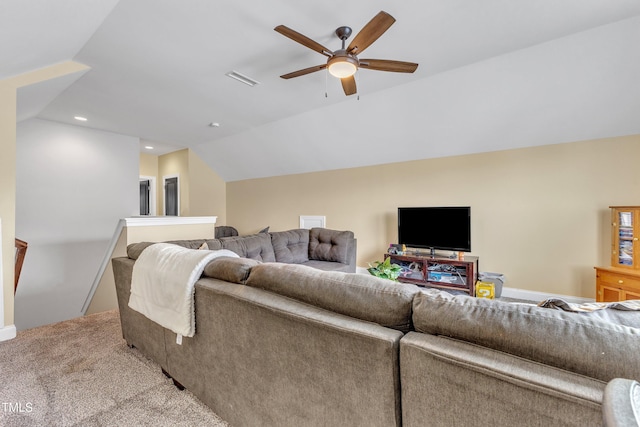 1716 Arberdour Dr, Apex, NC 27502 - living room with a ceiling fan, vaulted ceiling, and carpet flooring