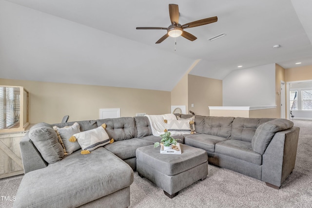 1716 Arberdour Dr, Apex, NC 27502 - living room featuring carpet, a ceiling fan, lofted ceiling, and recessed lighting