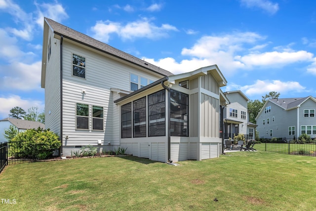 1716 Arberdour Dr, Apex, NC 27502 - rear view of property featuring board and batten siding, a sunroom, and crawl space