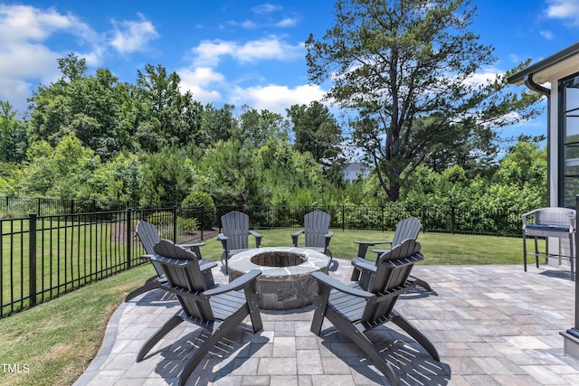 1716 Arberdour Dr, Apex, NC 27502 - view of patio / terrace featuring an outdoor fire pit and view of wooded area