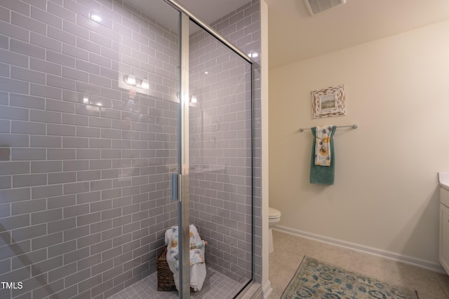 140 Enfield Dr, Carthage, NC 28327 - bathroom with a shower stall, vanity, toilet, baseboards, and tile patterned floors