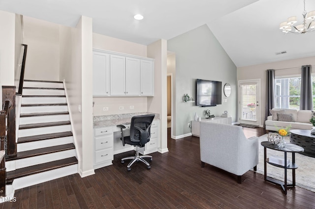 105 Putters Ct, Durham, NC 27703 - office with built in desk, dark wood-style flooring, a chandelier, recessed lighting, and high vaulted ceiling