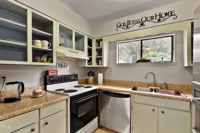 5931 Farm Gate Rd, Raleigh, NC 27606 - kitchen featuring stainless steel dishwasher, electric range oven, under cabinet range hood, a textured ceiling, and light countertops