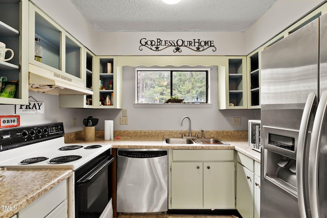 5931 Farm Gate Rd, Raleigh, NC 27606 - kitchen featuring stainless steel appliances, open shelves, a sink, a textured ceiling, and light countertops