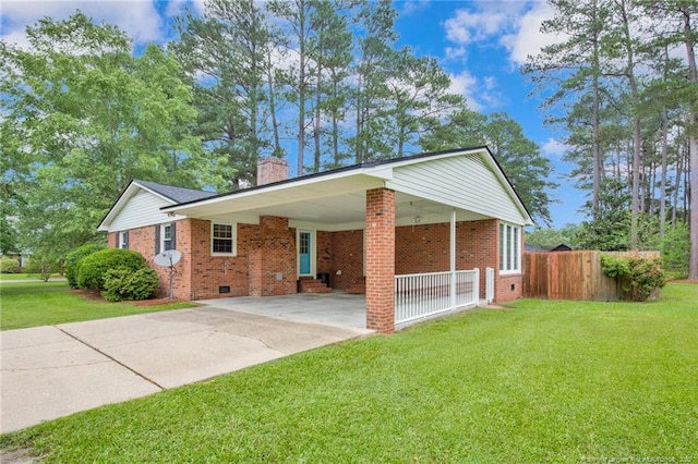 687 Blawell St, Stedman, NC 28391 - view of front facade with brick siding, crawl space, driveway, and a chimney