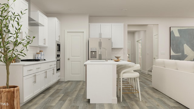 880 Cassa Clubhouse Way, Knightdale, NC 27545 - kitchen featuring white fridge with ice dispenser, decorative backsplash, light wood finished floors, stainless steel oven, and built in microwave