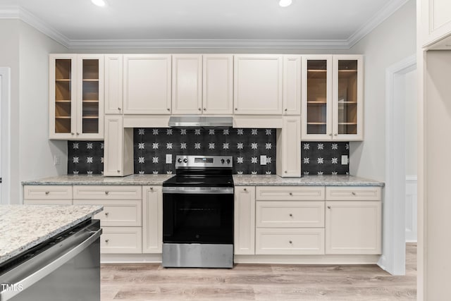 2015 Saddlebrook Dr, Archer Lodge, NC 27527 - kitchen with appliances with stainless steel finishes, decorative backsplash, light wood-type flooring, light stone counters, and crown molding