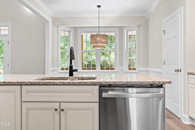 2015 Saddlebrook Dr, Archer Lodge, NC 27527 - kitchen with dishwasher, a sink, crown molding, healthy amount of natural light, and wood finished floors