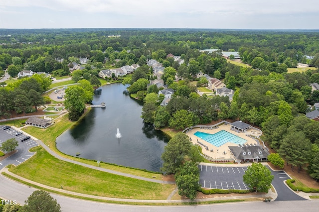 704 Walcott Way, Cary, NC 27519 - bird's eye view of a large body of water, a pool, and a heavily wooded area