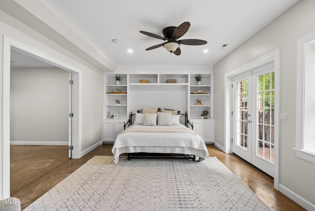 704 Walcott Way, Cary, NC 27519 - bedroom with access to outside, baseboards, french doors, ceiling fan, and recessed lighting