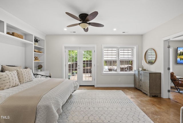 704 Walcott Way, Cary, NC 27519 - bedroom featuring access to outside, recessed lighting, baseboards, finished concrete floors, and a ceiling fan