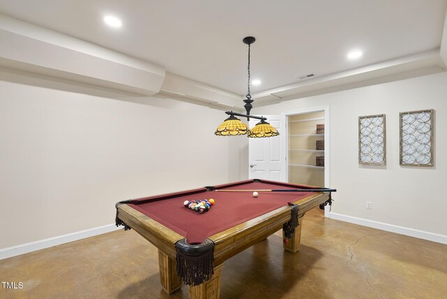 704 Walcott Way, Cary, NC 27519 - recreation room featuring baseboards, finished concrete flooring, recessed lighting, and pool table