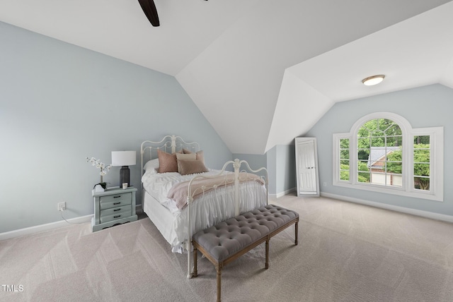 704 Walcott Way, Cary, NC 27519 - bedroom featuring carpet flooring, vaulted ceiling, baseboards, and ceiling fan