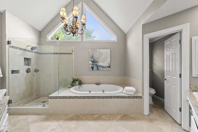 704 Walcott Way, Cary, NC 27519 - bathroom with vaulted ceiling, vanity, a bath, a shower stall, and toilet